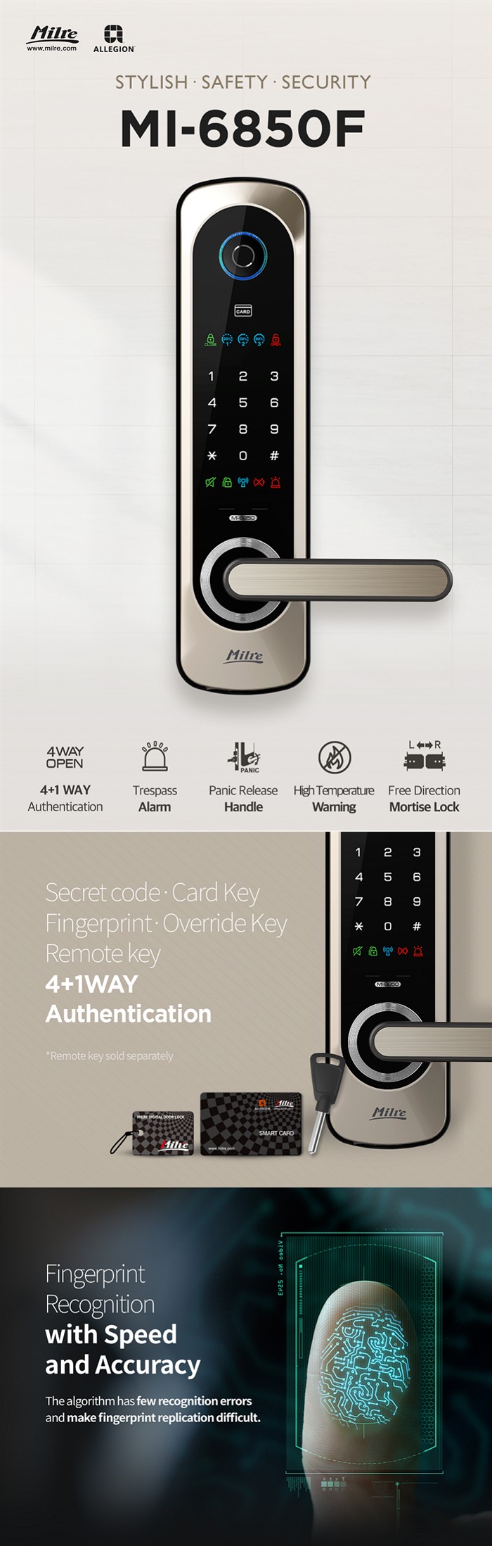 【Milre美樂】 四合一電子鎖MI-6850  指紋+密碼+卡片+鑰匙